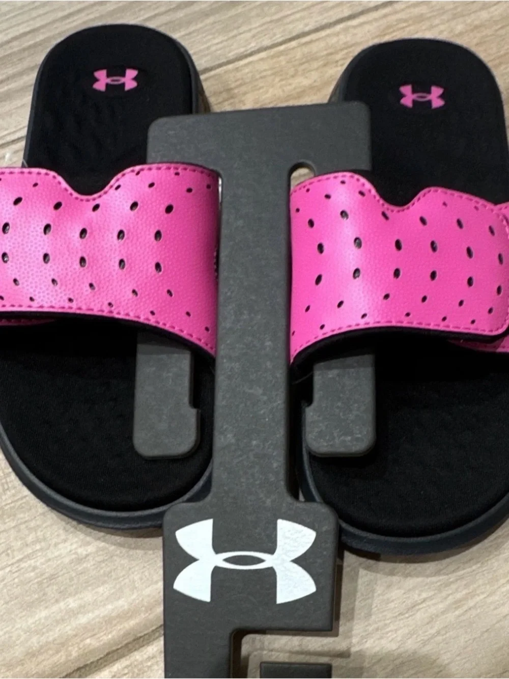 Under Armour Black and Pink Youth Slide Sandals